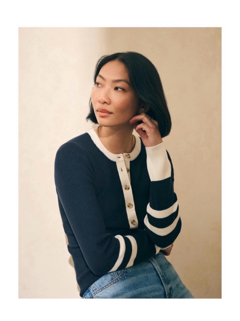 Faherty Mikki Henley Sweater S Navy Blue Ribbed Organic Cotton Cashmere Coastal